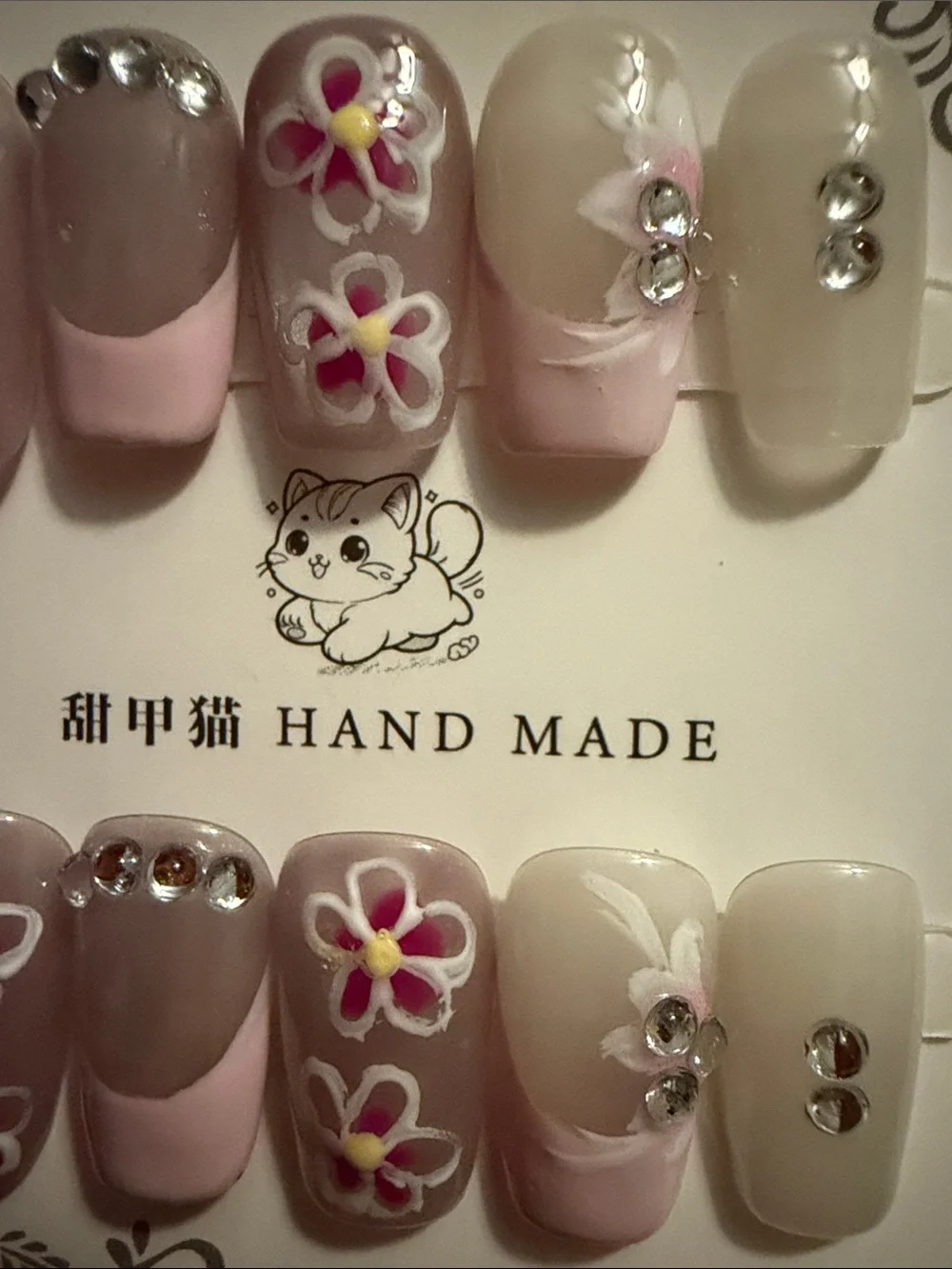 Hand Made Floral Pink & Cream Press-On Nail Set